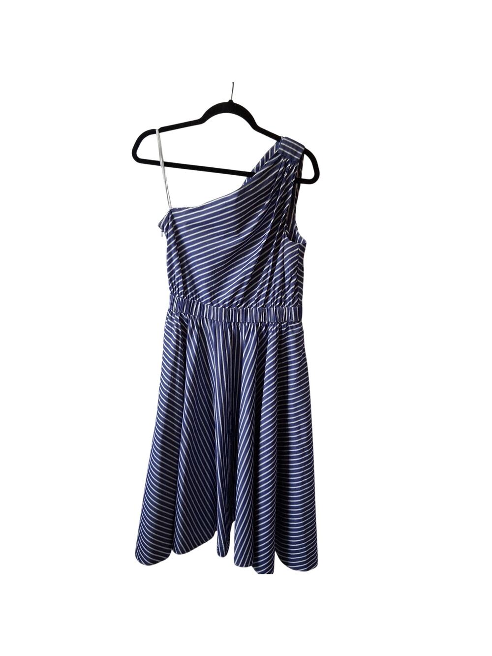 Eliza J. Women Blue/White Stripped One Shoulder Dress Pockets Elastic Summer-10